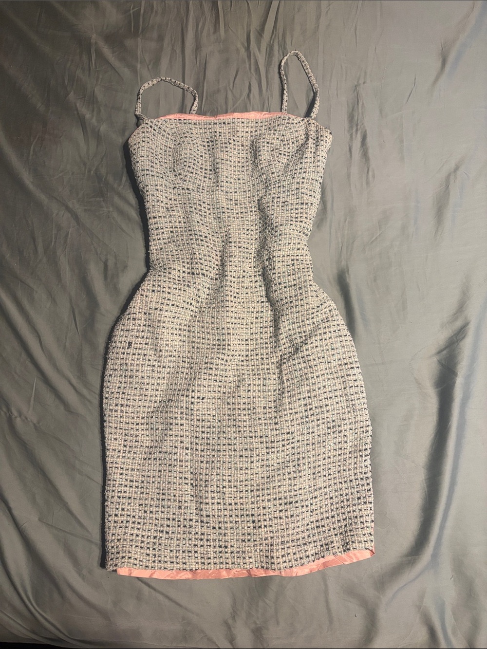 Vintage Textured Tweed Spaghetti-Strap Dress in Light Gray and Pink Trim